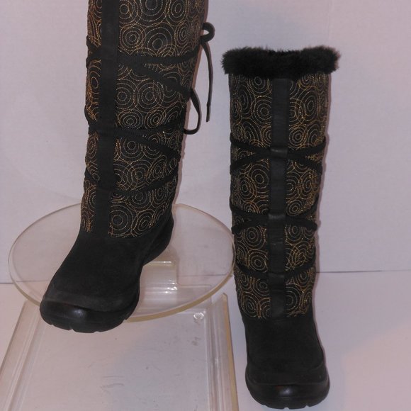 TIMBERLAND BLACK AND GOLD LEATHER AND FAUX FUR KNEE-HIGH BOOTS SIZE 6.5 MEDIUM - Picture 9 of 9